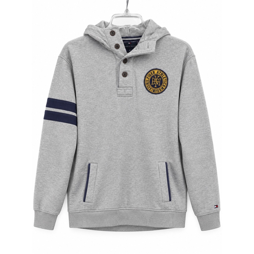 Tommy Hilfiger Athletics Mens XL Gray Hoodie NY Crest Varsity Stripe Pullover LS